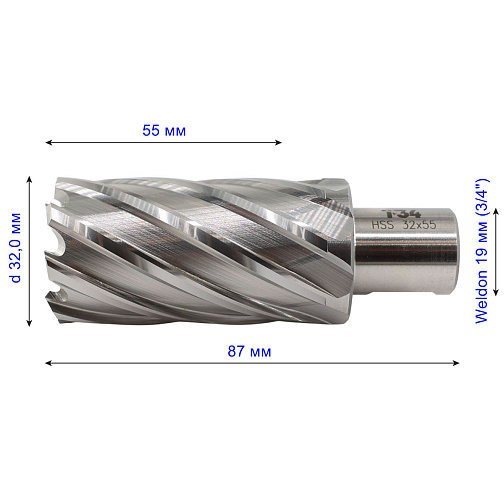 Сверло корончатое D 32х55 мм HSS хв.Weldon 3/4(19мм) HSS-Pro Т34: фото 2