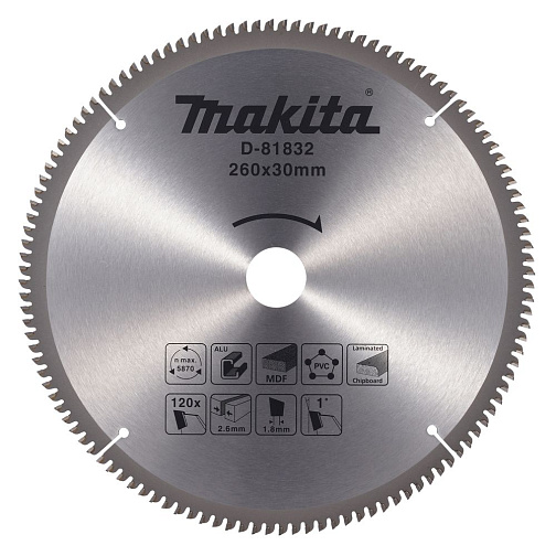 Диск пильный по алюминию/дереву/пластику 260x30x2.6/1.8x120T MAKITA/D-81832: фото 1