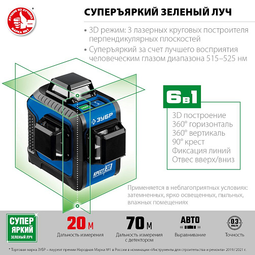 Нивелир лазерный ЗУБР КРЕСТ 3D (GreenBeam,20/70м,±0.3мм/м,4хАА/USB-C)/34909: фото 4