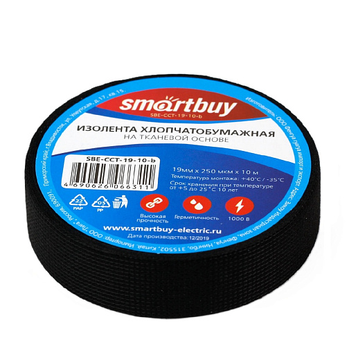 Изолента ХБ автомобильная, 19х10, черная Smartbuy SBE-CCT-19-10-b: фото 1