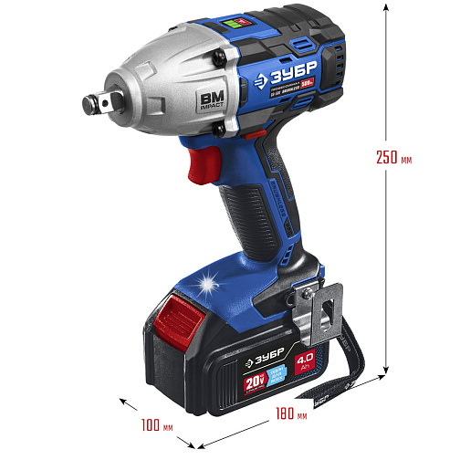 Гайковерт аккумуляторный ЗУБР GB-500-42 (BL-Motor,20В.2*4.0Ач/Li-Ion,1/2