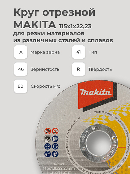 Круг отрезной 115х1,0х22 WA46R MAKITA сталь+нерж/D-75524: фото 3