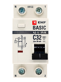 Дифференциальный автомат 1P+N 32А 30мА тип АС х-ка C эл. 4,5кА АД-12 EKF Basic **