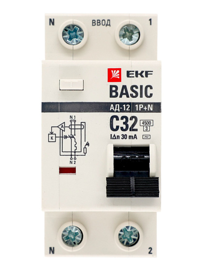 Дифференциальный автомат 1P+N 32А 30мА тип АС х-ка C эл. 4,5кА АД-12 EKF Basic **: фото 1