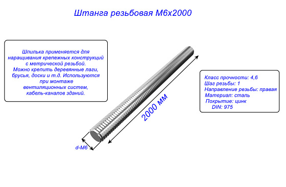 Штанга резьбовая М6х2000 (1шт): фото 2