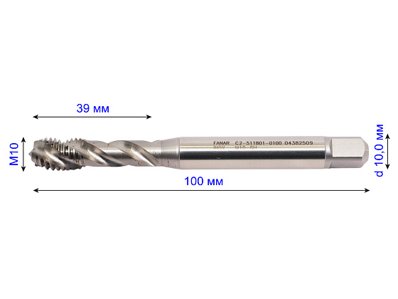 Метчик маш/руч М10х1,5 осн. по нержавеющей стали глухой R40 6H HSSE INOX DIN-371-C F-R (C2-511801-0100): фото 2
