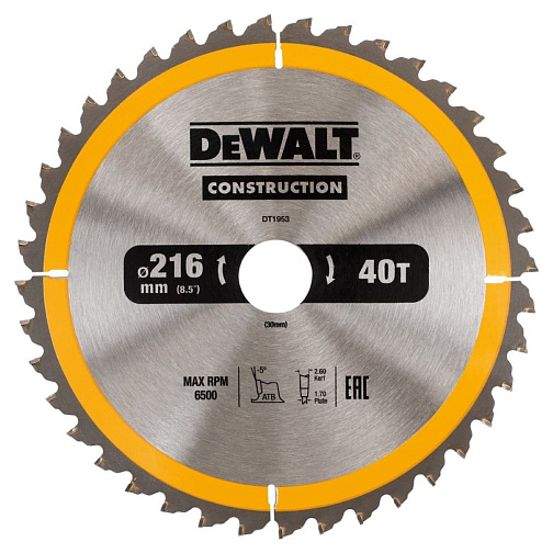 Диск пильный по дереву 216*30*2.6мм*40Т DeWALT Construction/DT1953: фото 1
